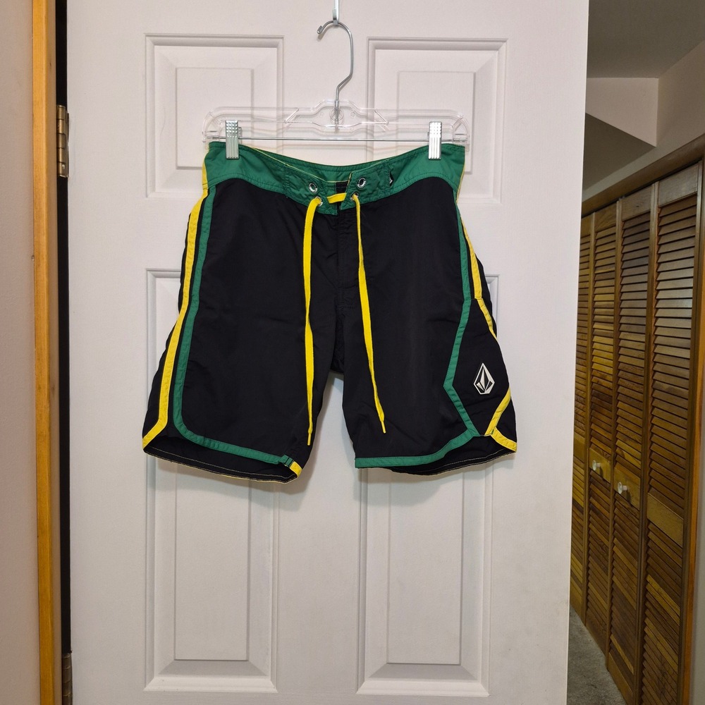 Volcom Mens Board Shorts Size 30 Black Yellow Green Rasta Swim Trunks Nylon